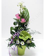 floris Композиция в круглой зеленой вазе, орнитогалум, антуриум, розы, хризантема