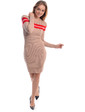  Облегающее платье с красной полоской LUREX - бежевый цвет, S (есть размеры)