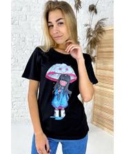 Футболки, рубашки  Милая хлопковая футболка с принтом девочка зонтик LUREX - черный цвет, S (есть размеры) фото